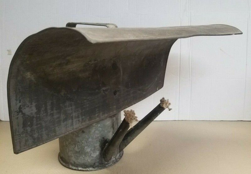  RARE Early Antique Large Iron Tin 2-Wick Oil Grease Lamp Lantern 