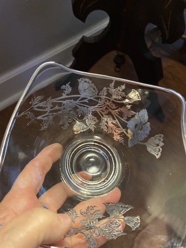 Vintage Klarglas Quadratisch Bonboniere/Schale mit Silber Blumenüberfang und Rand - Bild 9 von 11