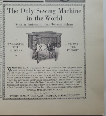 1914 Perry Mason Company Boston MA sewing machine automatic tension ad