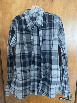 Prada Mans Button Down Shirt Plaid Grey Size 44