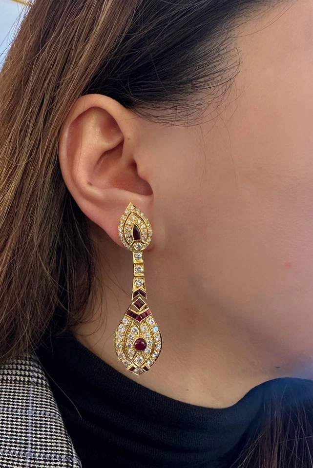 Ruby and Diamond Drop Earrings in 18k Yellow Gold - HM2657ZA