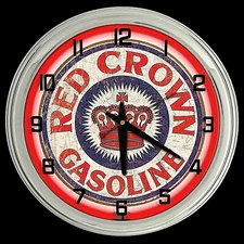 16" RED CROWN Gasoline Sign Red Neon Clock Gas Station Lube Man Cave