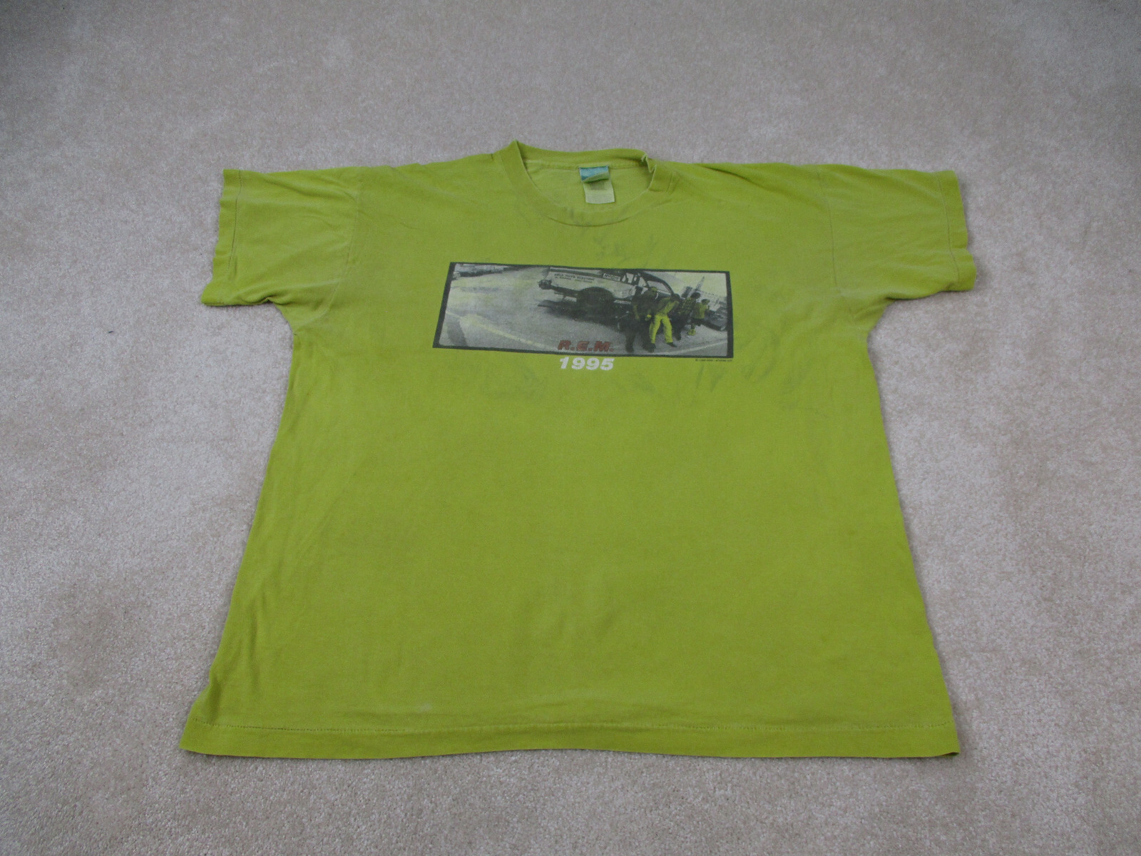 REM Shirt Extra Large Yellow Gray Adul 1990s vintage concert t-shirt, vintage, size L, single stitch, B+ condition