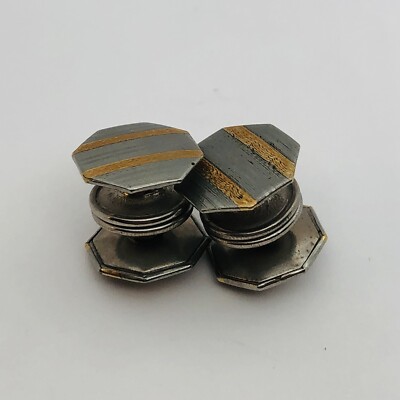 MENS ANTIQUE PULL APART PUSH BUTTON TWO TONE CUFFLINKS DRESS ATTIRE VINTAGE