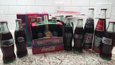 LOT OF 14 Coca-Cola Sports Bottles ALL FULL 1980s-90s & Commemorative Boxes/Pin