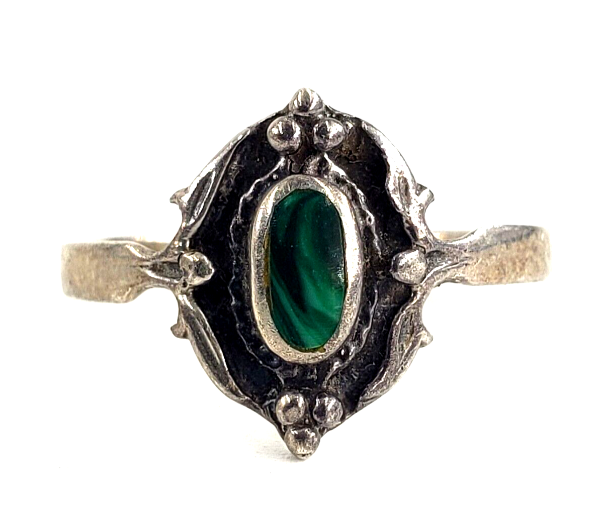 Round Malachite Delicate Ring - 925 Sterling Silver Vintage Bohemian Ring, Size 8, Gift Box Included