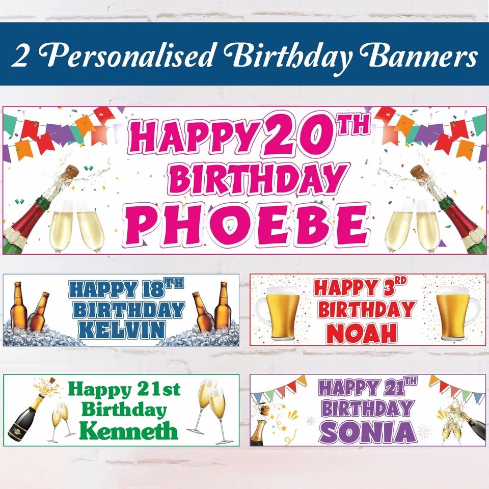 CRAFTMONK 2 Personalised Birthday Banner Happy Birthday Party Decoration 1st 18th 21st 50