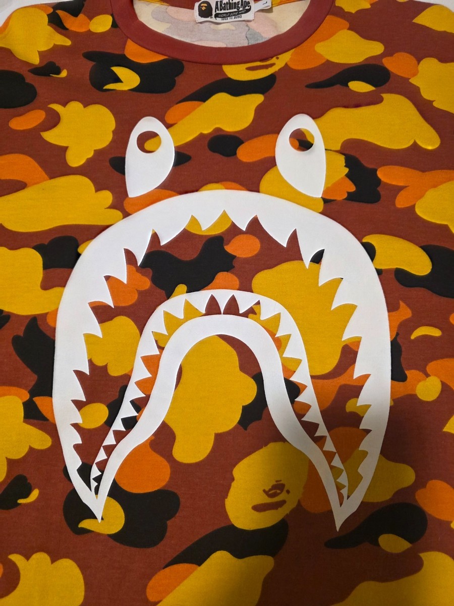 A BATHING APE Shark Orange 1st Camo Long Sleeve Tee Sz L BAPE