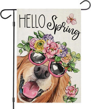 Hello Spring Garden Flags for outside 12X18 Inch Double Sided, Dog with Flowers