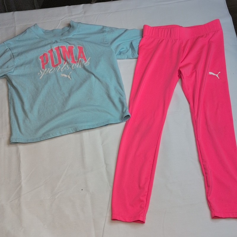 PUMA Girls 2-Pc Legging Set Size 7 Blue Logo T-Shirt & Pink Stretch Leggings