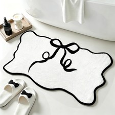 Black White Bath Rug Bow Scalloped Mat Soft Absorbent Non Slip 16.9x29.9 in