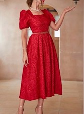 WOMEN RED SQUARE NECK PUFF SLEEVE EVENING DRESS ( SIZE L )