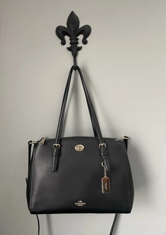 COACH Turnlock Carryall Crossbody Satchel Bag Black Leather w/ Brass Hardware - Image 4 of 4