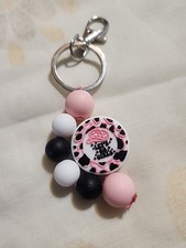 Silicone Bead Keychain Cowgirl 'Let's Go Girl' Pink Black White Handmade