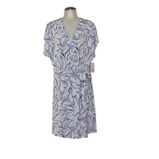 Nine West Wrap Dress Women XL Blue Abstract Leaf Print Short Sleeve NWT