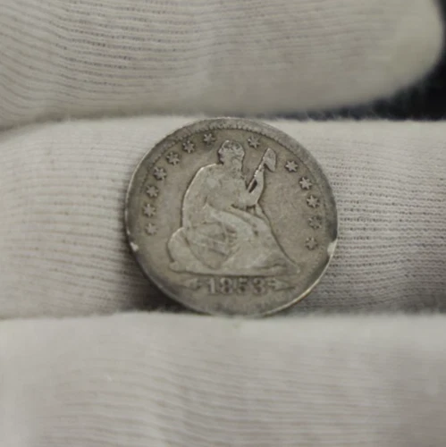 1853 US Seated Liberty Quarter 25c Arr & Rays VG (Cleaned, Retoned)