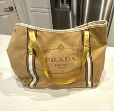 PRADA Beige Logo Tote Bag Gold Leather Double...