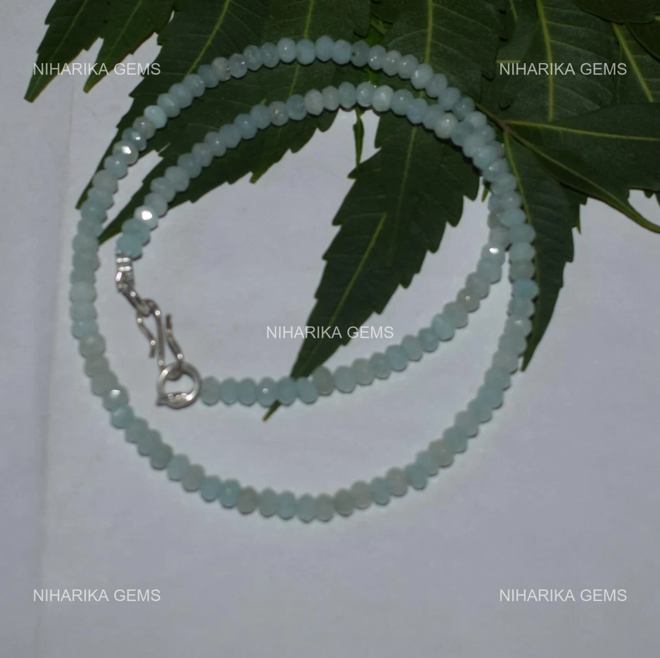 Rund Aquamarin Chalzedon Edelstein Geburtstag Perlen Neu Halskette 925 Silber - Bild 3 von 4