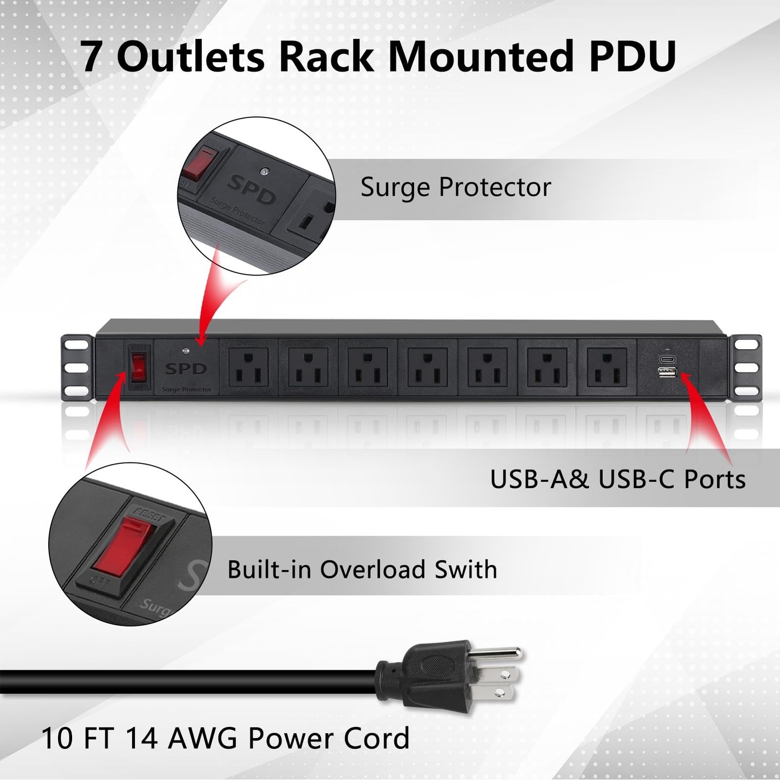 Rack Mount Power Strip Surge Protector, 7 Outlet and 2 USB-A&C Charging Ports...