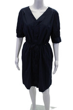 H By Halston Womens Cotton Short Sleeve V Neck Tie Waist Dress Navy Size M