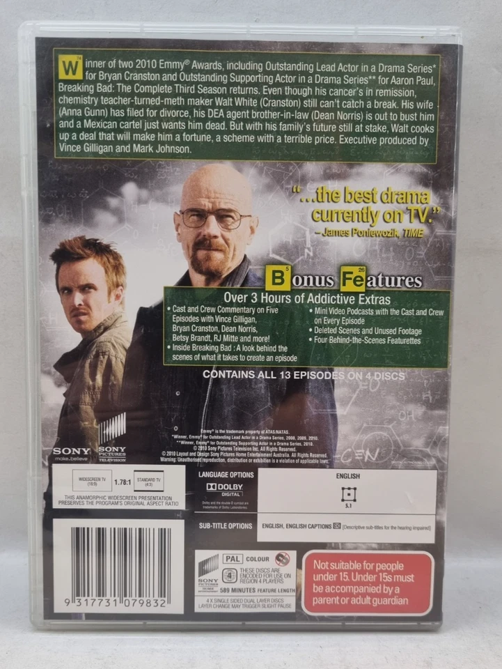 2010 Sony BREAKING BAD Complete Third Season 4 Disc Set DVD Bryan Cranston - Image 2 of 3