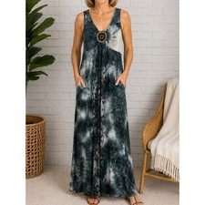 One World Maxi Dress Tie Dye Beaded Medallion Sleeveless Blue Gray Size L
