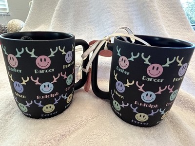 Set of 2-Holly & Joy  Black Matt , Colorful Smiley faces, representing Reindeer
