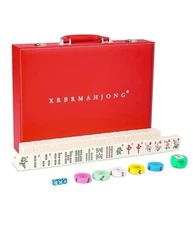 XRBR Chinese Mahjong Set 144 1.6” Ivory Tiles, Sturdy Red Leatherette Carry Case