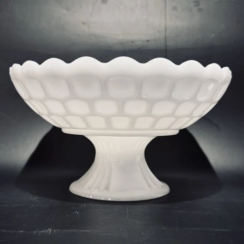 Vintage Federal Glass Thumbprint White Milk Glass Compote Centerpiece Bowl