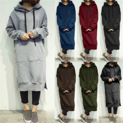 Damen Kapuzenpullover Sweatshirt Pullover Kleid Sport Yoga Maxikleid Hoodie