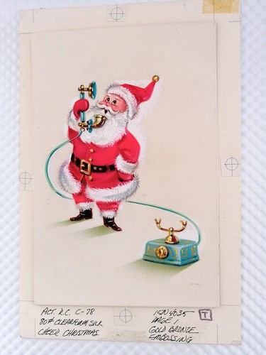 Vintage hand-drawn picture Santa Claus talking on an old model phone Christmas - Picture 2 of 6