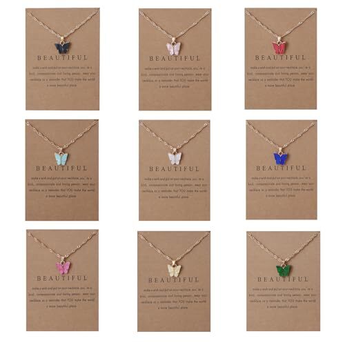 9Pcs Bohemian Butterfly Pendant Necklace Set,Dainty 9Pcs Gold Card Butterfly
