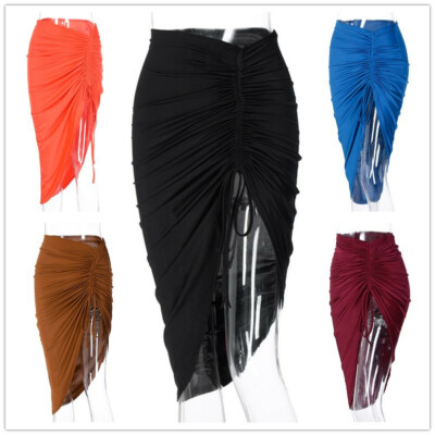 Damen Sexy Rock Asymmetrisch Stretch Gerüschte Seitenschlitz Gypsy Midi Bodycon