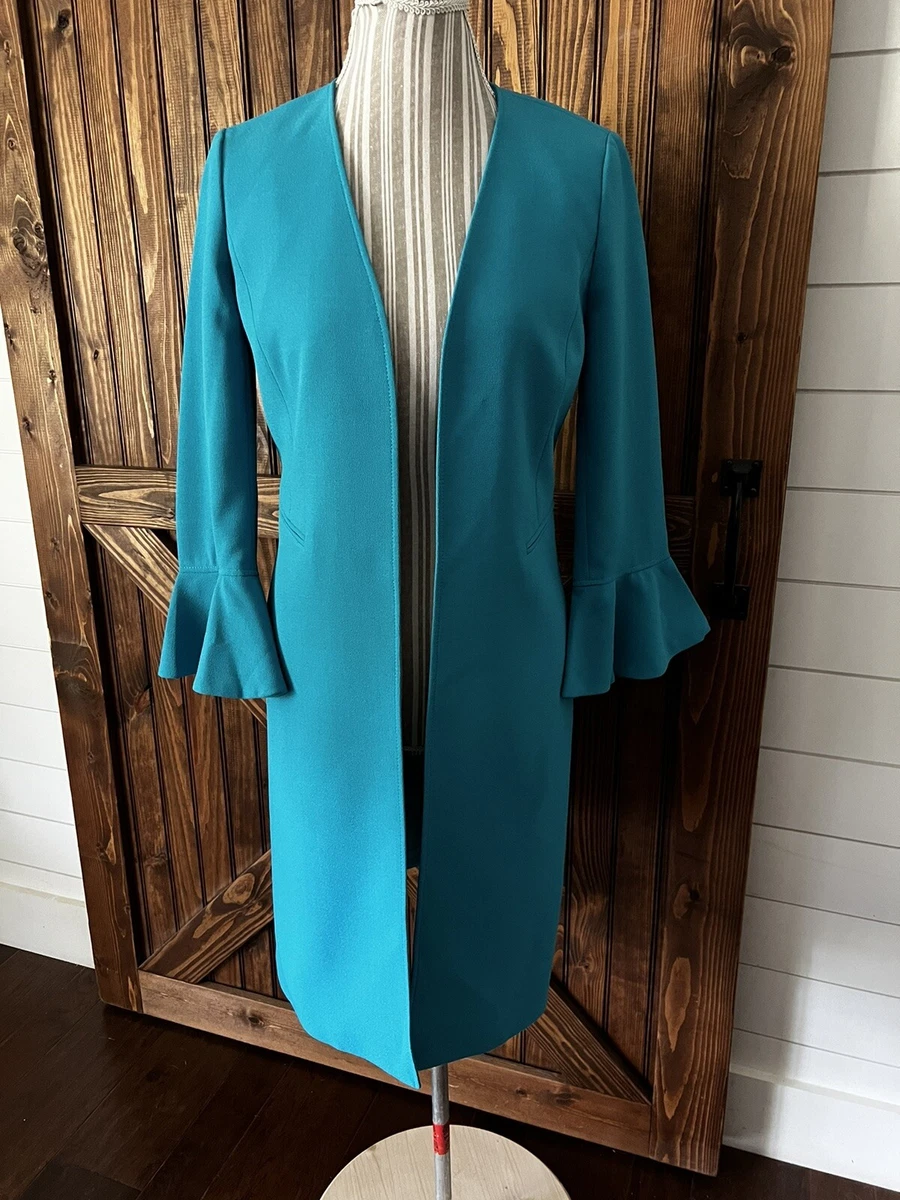 Tahari ASL Women's Teal Blue w/Ruffled Sleeves Long Blazer Sz 2 (GCL)