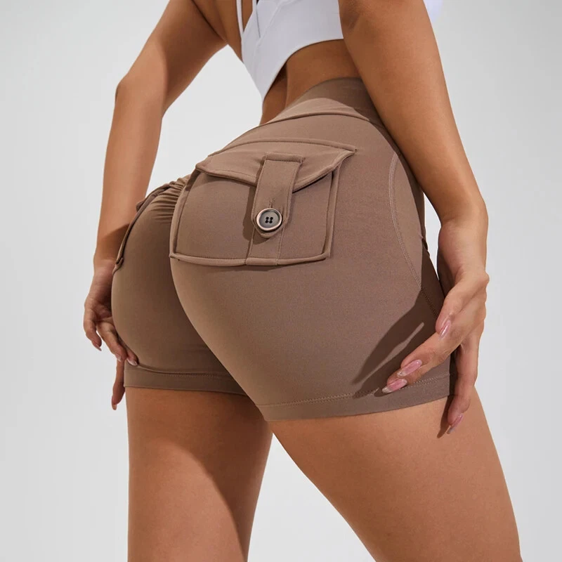 New Yoga Shorts for Women Pocket Scrunched Butt Gym Leggings High Waist Push Up - Image 3 of 4