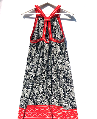 Racer-Back Tank Midi Summer Dress Black White Floral with Red Trim Detail  sz S | eBay