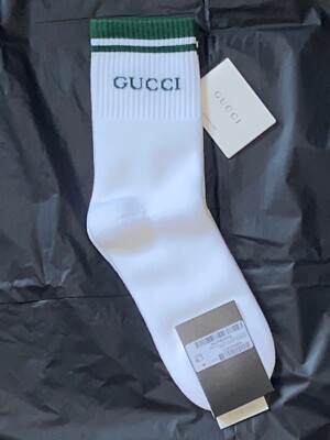 NEW Mens GUCCI Interlocking Mid-Calf Green Striped Medium White Pong Socks Italy