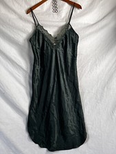 Vintage Satin Lace Spaghetti Strap Slip Dress Nightgown Emerald Green Chemise M