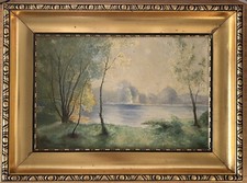 Antique Oil Painting, Mountain Sky Landscape Nature Forest  1953