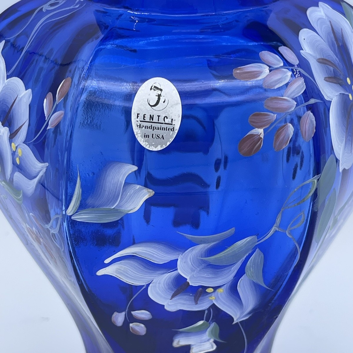 Fenton Hand Painted & Signed by Artist Cobalt Blue Vase 75th