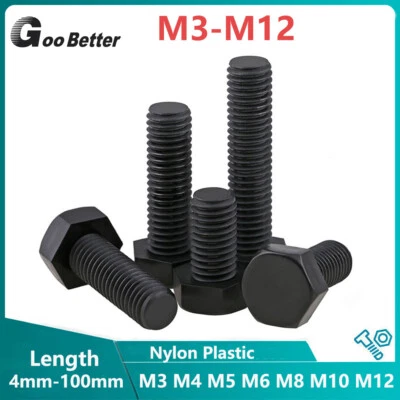 GOO BETTER Plastic Hex Hexagon Head Bolts Black Nylon Machine Screws M3 M4 M5 M6 M8 M10 M12