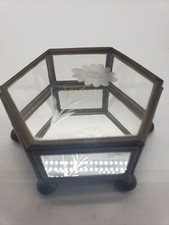 Hexagon Trinket Box Floral Etched Glass Mirrored Bottom Brass Hinged