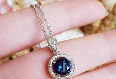 1.90Ct Round Cut Blue Sapphire Halo Pendent White Gold Finish 18'' Free Chain