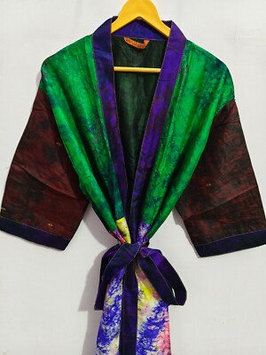 Floral Print Maternity Gown Indian Sari Silk Tie Dye Kimono Free Size Robe T-695