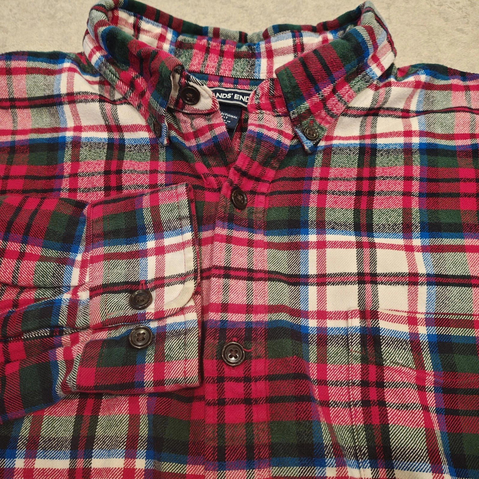 Lands' End Flannel Shirt Mens XL Red Plaid Traditional Fit Button Down Casual