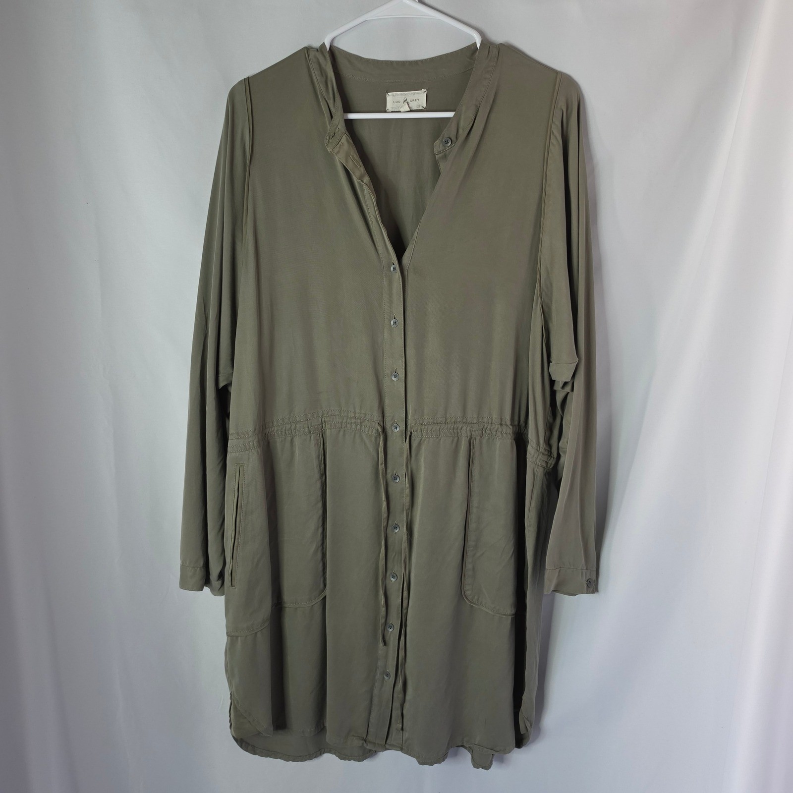 Lou & Grey Shirt Dress L Olive Green Utility Minimalist Long Sleeve Modal