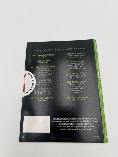 Frankenweenie DVD Awards Screener FYC Disney Tim Burton 2012 versiegelt Promo AMPAS - Bild 2 von 4