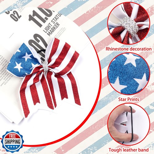 Totelux 4th of July Cheer Bows Glitter American Flag Hair Ties Large Bowknot - Picture 3 of 5