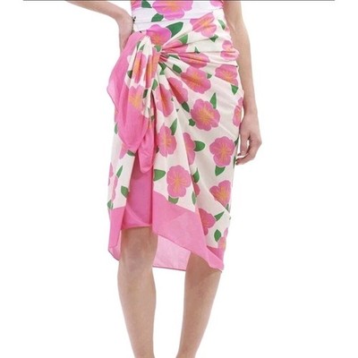 Kathleen Maeve Pareo Pink Hibiscus Floral Cotton Voile Wrap Sarong Cover Up NEW