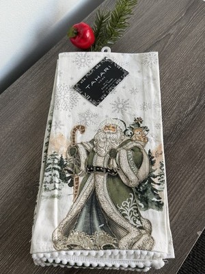 TAHARI Kitchen Towels Set of 3 Christmas Santa 100% Cotton Embroidered INDIA New